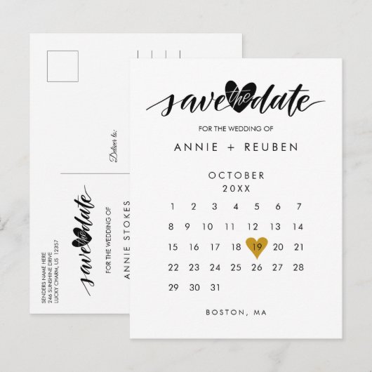 Gold Love Heart Calendar Save the Date Aankondigingskaart (Voorkant / Achterkant)
