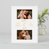 Gold Love & Joy Typography 2-Foto Folie Feestdagenkaart (Staand Voorkant)