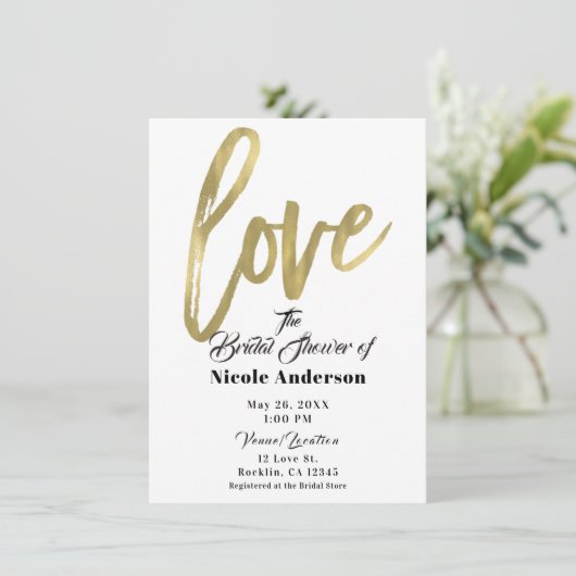 Gold LOVE Modern Brush Script Wedding Kaart (Staand voorkant)
