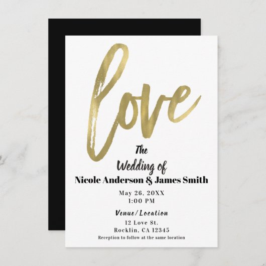 Gold LOVE Modern Brush Script Wedding Kaart (Voorkant / Achterkant)
