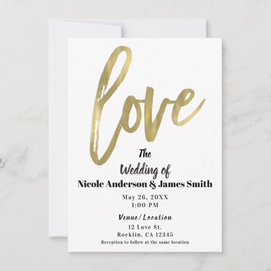 Gold LOVE Modern Brush Script Wedding Kaart (Voorkant)