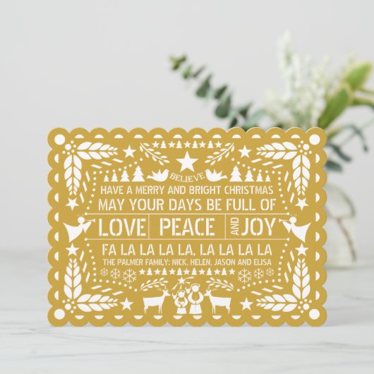 Gold Love Peace Joy papel picado Kerstmis Feestdagenkaart (Staand voorkant)