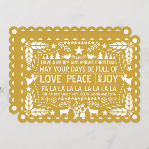 Gold Love Peace Joy papel picado Kerstmis Feestdagenkaart