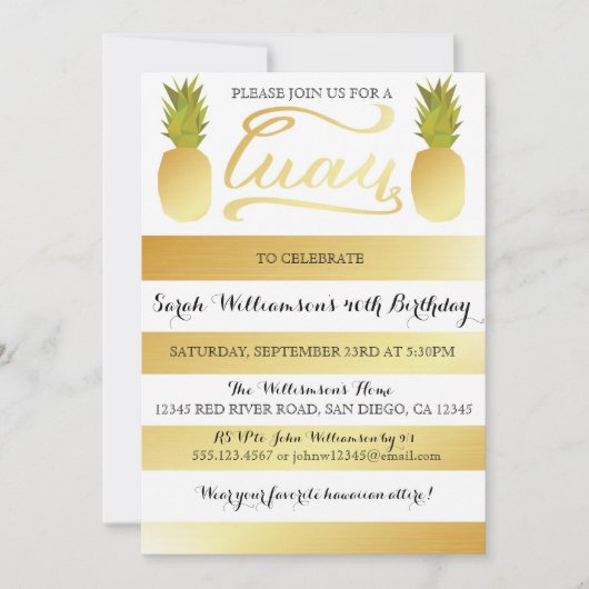 Gold Luau Party Invitation for Birthday, Shower Kaart (Voorkant)