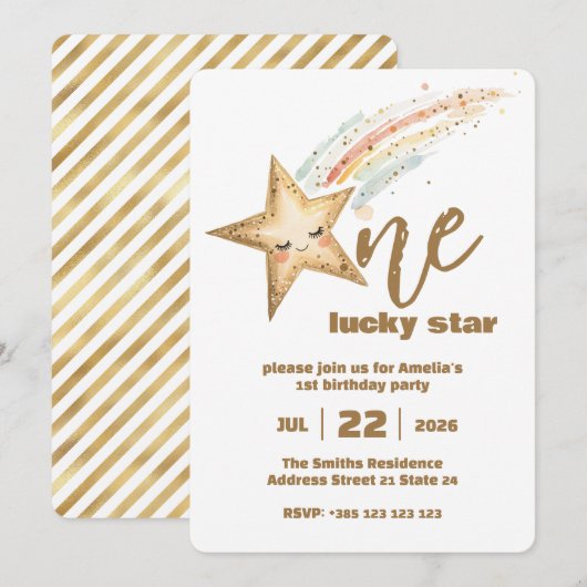 Gold Lucky Star 1e verjaardagsfeest uitnodiging (Voorkant / Achterkant)