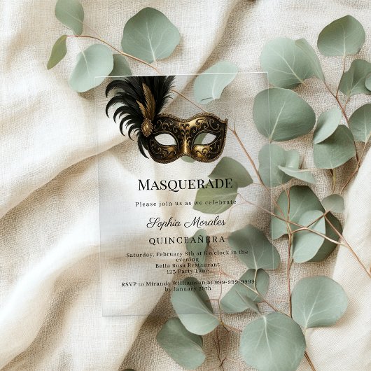 Gold luxury Masquerade Quinceanera Acryl Uitnodigingen