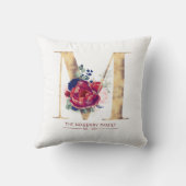 Gold M Monogram Floral Burgundy Red en Navy Blue Kussen (Achterkant)