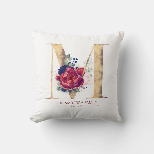 Gold M Monogram Floral Burgundy Red en Navy Blue Kussen (Voorkant)