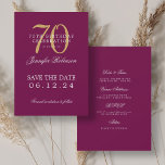 Gold Magenta 70th Birthday Bewaar de datum Details Kaart<br><div class="desc">Elegant "70th Birthday Party"-ontwerp met een formeel typografisch script,  aangepaste naam en detailtekst. Makkelijk te gebruiken en makkelijk te personaliseren. Bestel vandaag nog!</div>