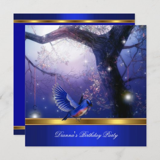 Gold Magical Blue Birds Blue Birthday Party Kaart (Voorkant / Achterkant)