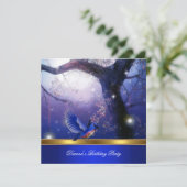 Gold Magical Blue Birds Blue Birthday Party Kaart (Staand voorkant)