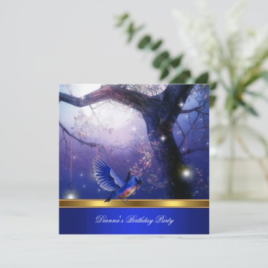 Gold Magical Blue Birds Blue Birthday Party Kaart (Staand voorkant)