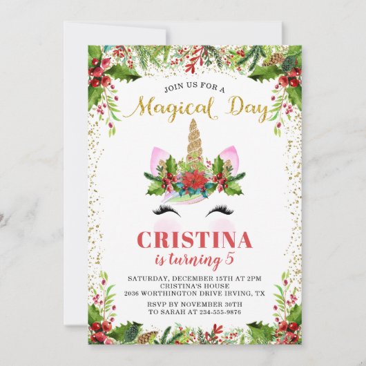 Gold Magical KerstUnicorn Birthday Foto Kaart (Voorkant)