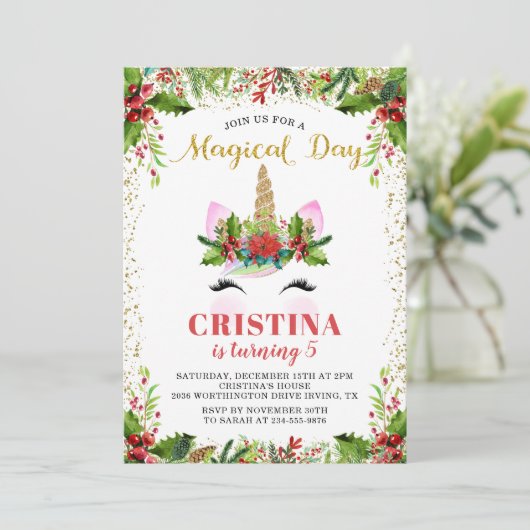 Gold Magical KerstUnicorn Birthday Foto Kaart (Staand voorkant)