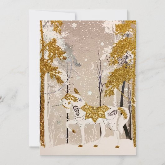 Gold Magical Snowy Forest Unicorn Natuur Feestdagenkaart (Voorkant)