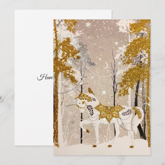 Gold Magical Snowy Forest Unicorn Natuur Feestdagenkaart (Voorkant / Achterkant)