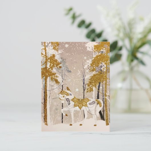Gold Magical Snowy Forest Unicorn Natuur Feestdagenkaart (Staand voorkant)