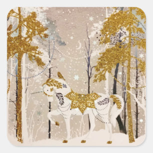 Gold Magical Snowy Forest Unicorn Natuur Vierkante Sticker