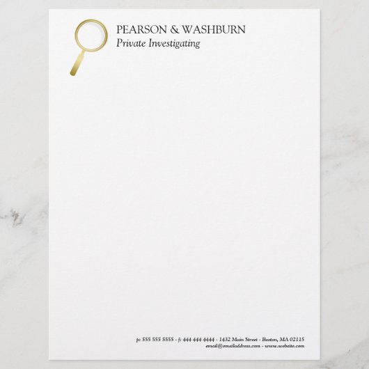 Gold Magnifying Glass Private Eye Name & Contact Persoonlijk Briefhoofd (Voorkant)