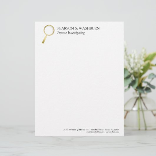 Gold Magnifying Glass Private Eye Name & Contact Persoonlijk Briefhoofd (Staand voorkant)