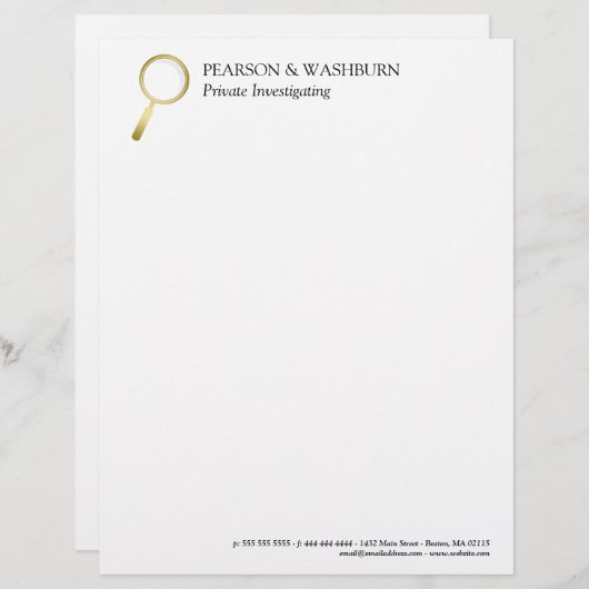 Gold Magnifying Glass Private Eye Name & Contact Persoonlijk Briefhoofd (Voorkant / Achterkant)