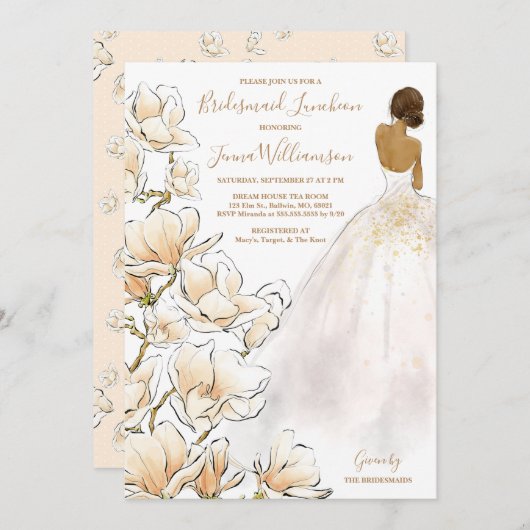 Gold Magnolia Bridesmaid Luncheon Uitnodiging (Voorkant / Achterkant)