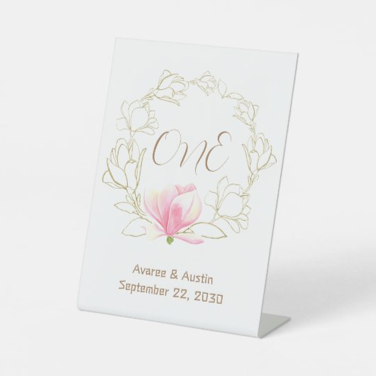 Gold Magnolias Wreath Tabletop Reclamebord Met Voetstuk (Voorkant)