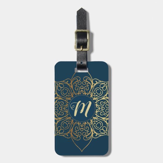 Gold Mandala Damask Pattern & Monogram Bagagelabel (Voorkant verticaal)