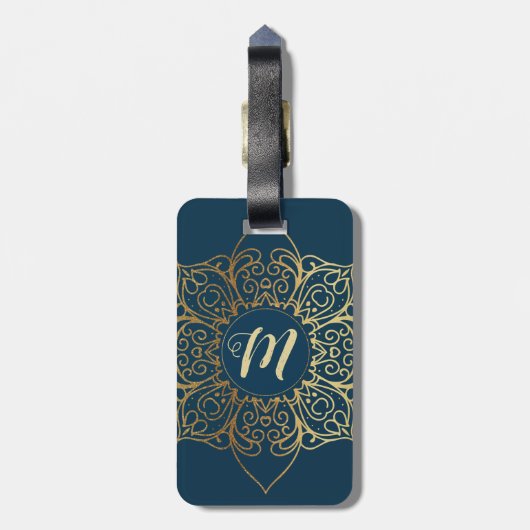 Gold Mandala Damask Pattern & Monogram Bagagelabel (Achterkant verticaal)