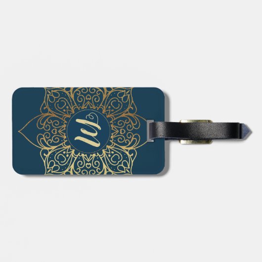 Gold Mandala Damask Pattern & Monogram Bagagelabel (Achterkant horizontaal)