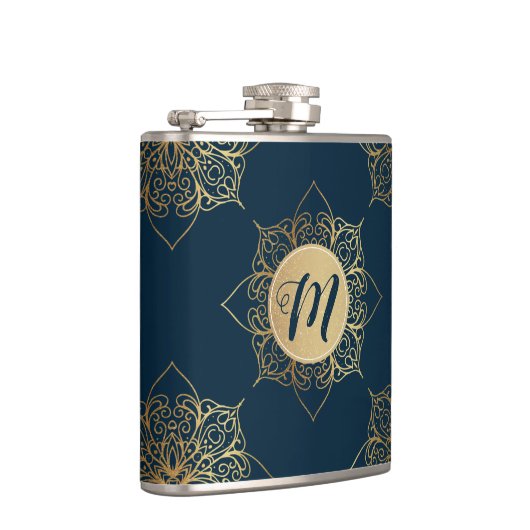 Gold Mandala Damask Pattern & Monogram Heupfles (Rechts)