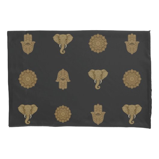 Gold Mandala Elephant Hamsa Hand - Reversible Boho Kussensloop (Voorkant)