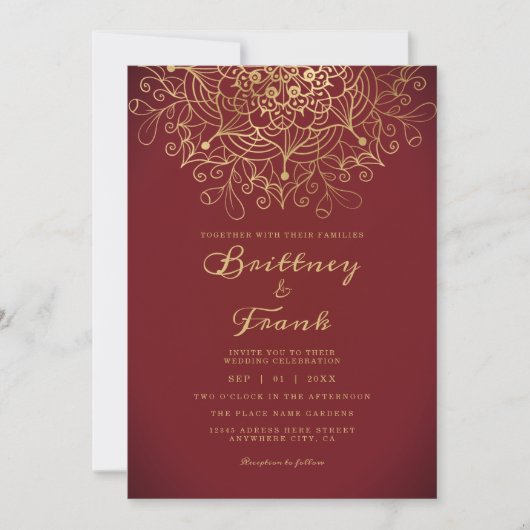 Gold Mandala Floral Burgundy Ombre Wedding Kaart (Voorkant)