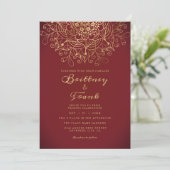Gold Mandala Floral Burgundy Ombre Wedding Kaart (Staand voorkant)