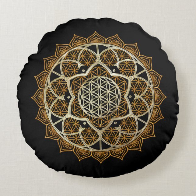 Gold Mandala Flower of life meditation Pillow Rond Kussen (Voorkant)