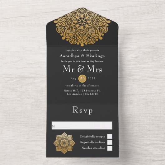 Gold Mandala Indian Wedding All In One Uitnodiging (Binnen)