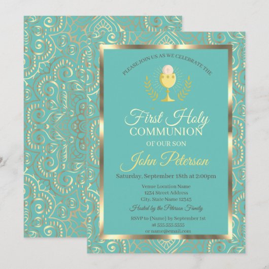 Gold Mandala Mint Green First Heilige Communie Kaart (Voorkant / Achterkant)