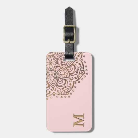 Gold Mandala Monogram | Chic Blush Pink Boho Bagagelabel (Voorkant verticaal)