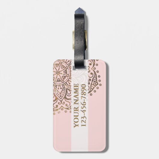 Gold Mandala Monogram | Chic Blush Pink Boho Bagagelabel (Achterkant verticaal)