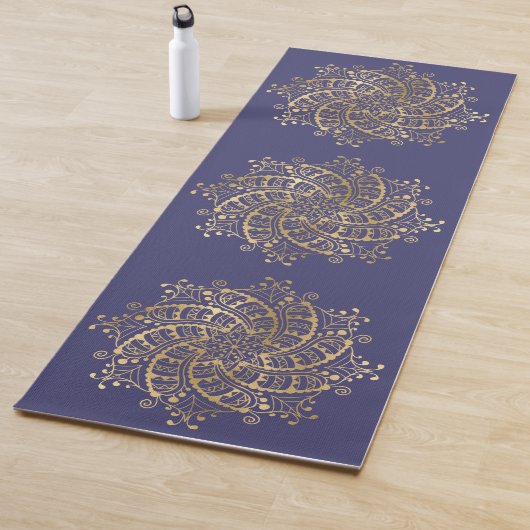 Gold Mandala Navy Blue Boho Yogamat (In situ)