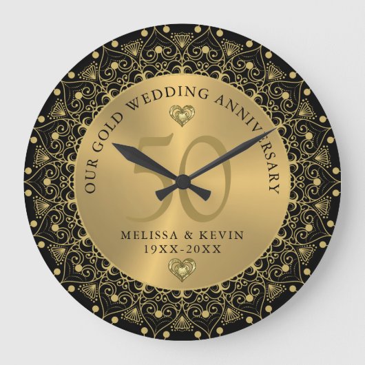 Gold Mandala op Black 50th Wedding Jubileum Grote Klok (Voorkant)