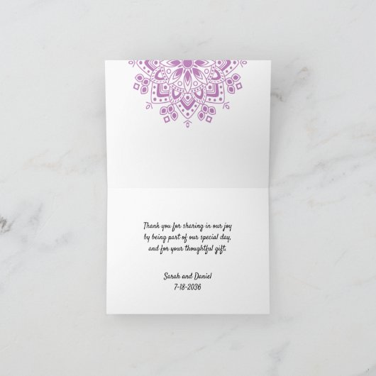 Gold Mandala op Paarse bruiloft Bedankkaart (Binnen)