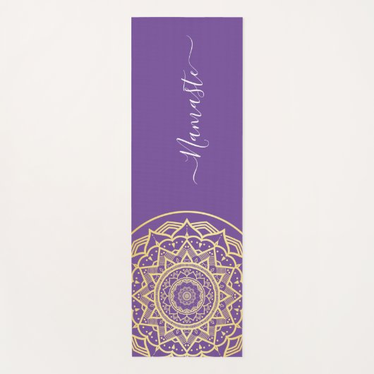 Gold Mandala Paarse Namaste Script Yogamat (Voorkant)