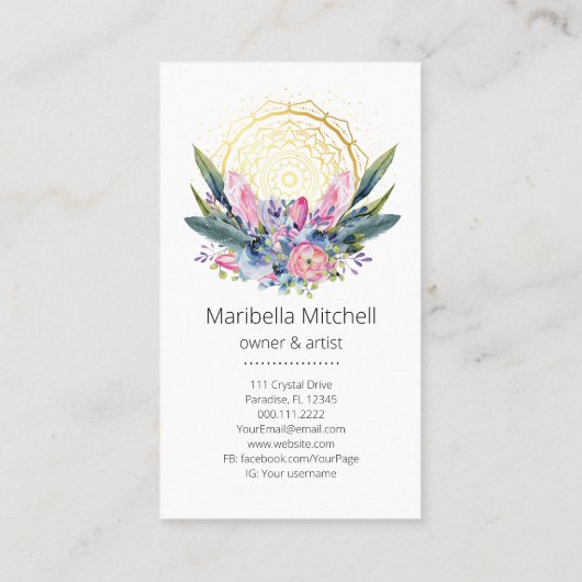 Gold Mandala Pink Crystals Psychic Spa Spiritueel Visitekaartje (Achterkant)