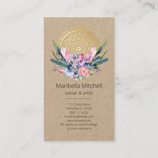 Gold Mandala Pink Crystals Psychic Spa Spiritueel Visitekaartje (Achterkant)