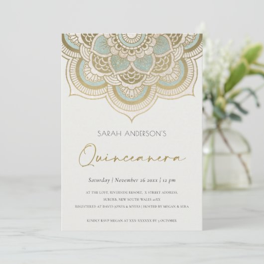  Gold Mandala Quinceañera 15 Birthday Invite Bedankkaart (Staand voorkant)