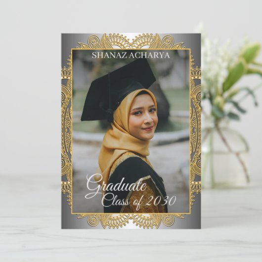 Gold Mandala Silver Grey Afstuderen Aankondiging (Staand voorkant)