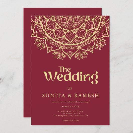 Gold Mandala Traditional Red Indian Wedding Kaart (Voorkant / Achterkant)