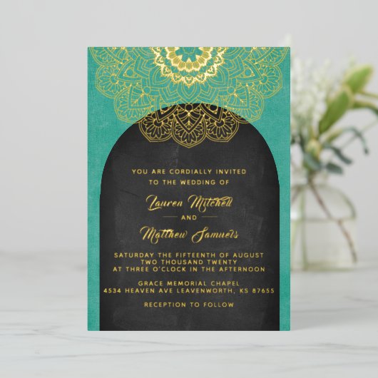 Gold Mandala Wedding Folie Uitnodiging (Staand Voorkant)