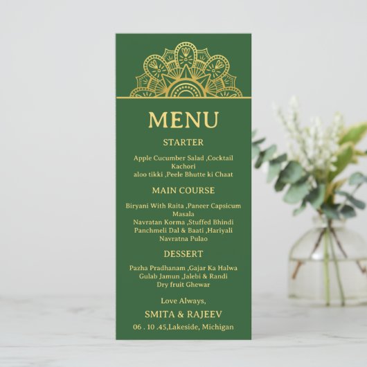 Gold Mandala Wedding Menu Card  (Staand voorkant)